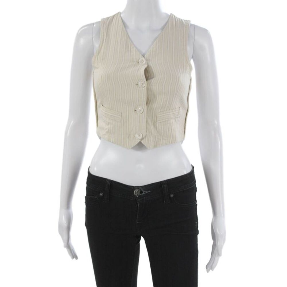 Les Coyotes De Paris Womens Striped V Neck Sleeveless Vest Beige Button Size 12